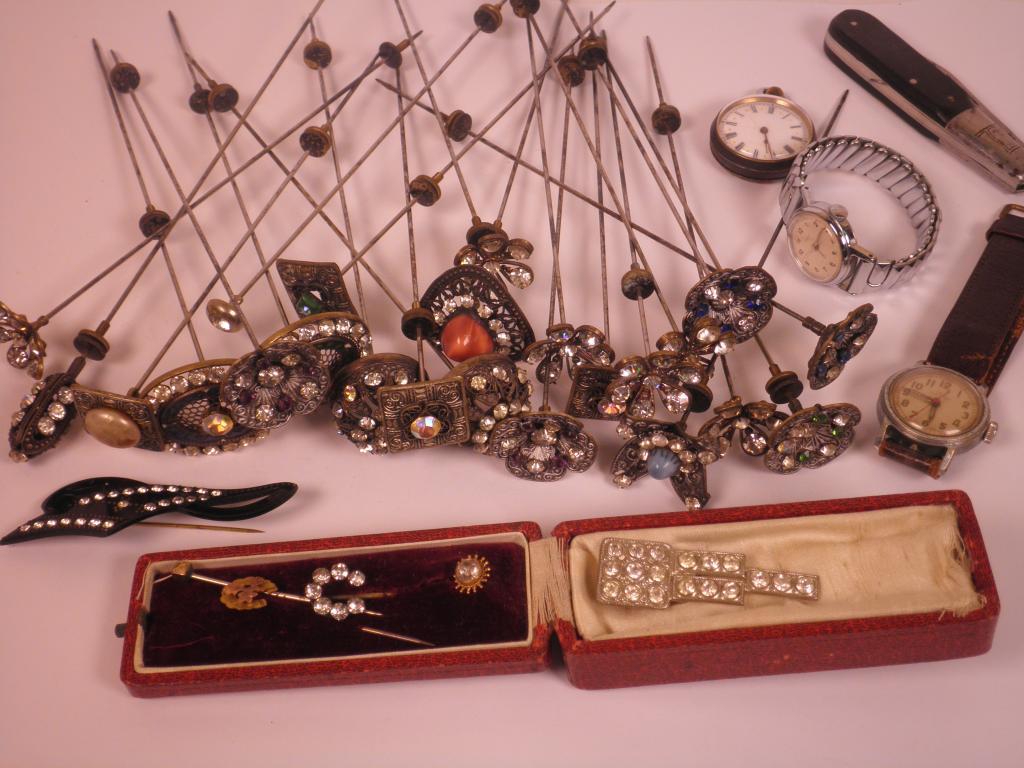 Appraisal: Various paste set hat pins a Timex wrist watch two