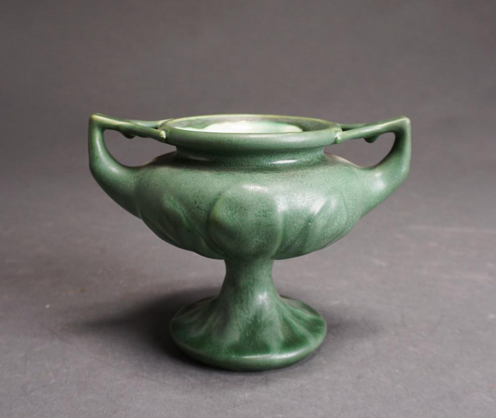 Appraisal: HAMPSHIRE POTTERY MATTE GREEN GLAZED TWO HANDLED VASE H IN