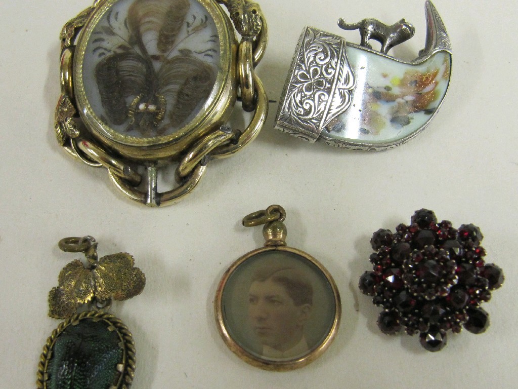 Appraisal: Lot comprising Victorian remembrance brooch garnet brooch scarab beetle pendant