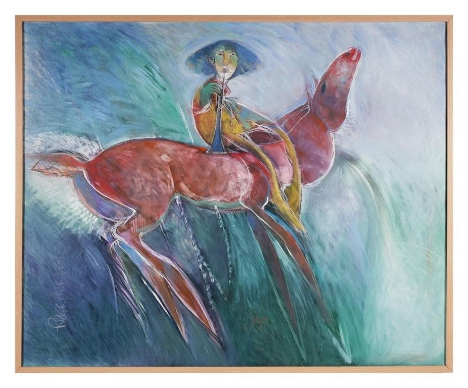 Appraisal: Oil painting titled Rider and Her Oboe by Rubadoux Amer