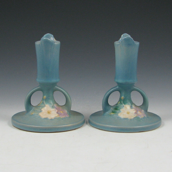 Appraisal: Roseville Cosmos - Candleholders - Mint Roseville Cosmos blue candleholders