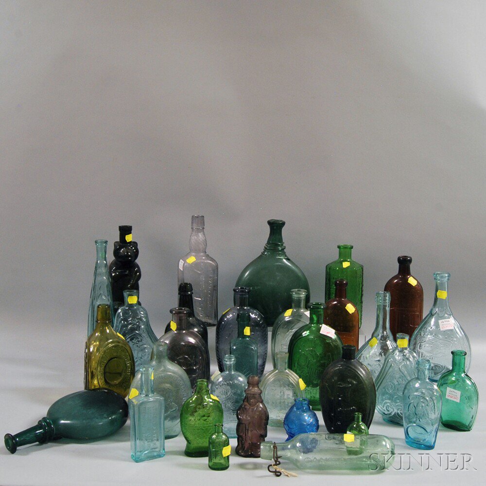 Appraisal: Thirty-two Assorted Bottles and Flasks including aqua scroll flasks a