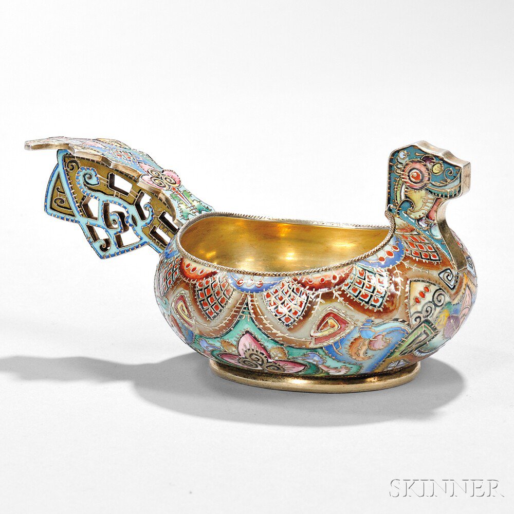 Appraisal: Faberg Silver-gilt and Cloisonn -enameled Kovsh Moscow - Feodor R