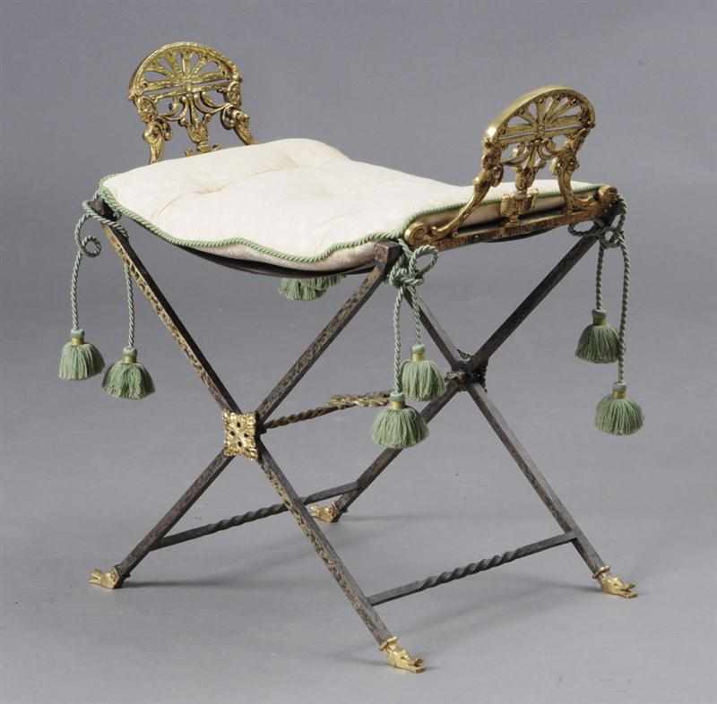 Appraisal: NEOCLASSICAL STYLE WROUGHT IRON GILT-METAL AND TOLE X-SHAPE STOOL The