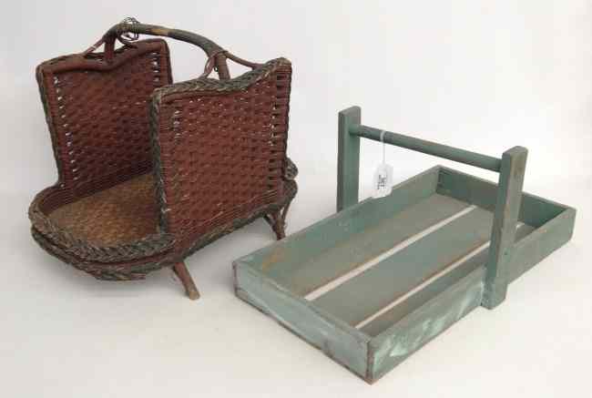 Appraisal: Lot including carrier in blue paint and wicker magazine rack