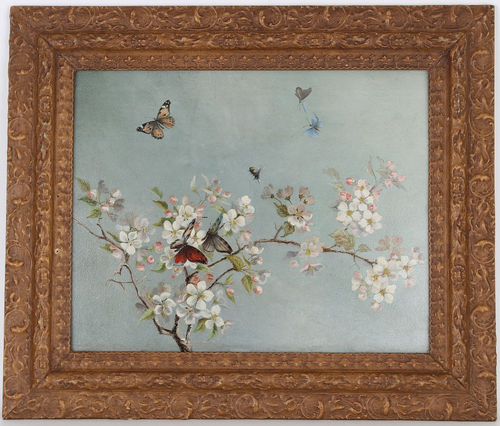 Appraisal: American School th C Blossoms and Butterflies Oil on Panel