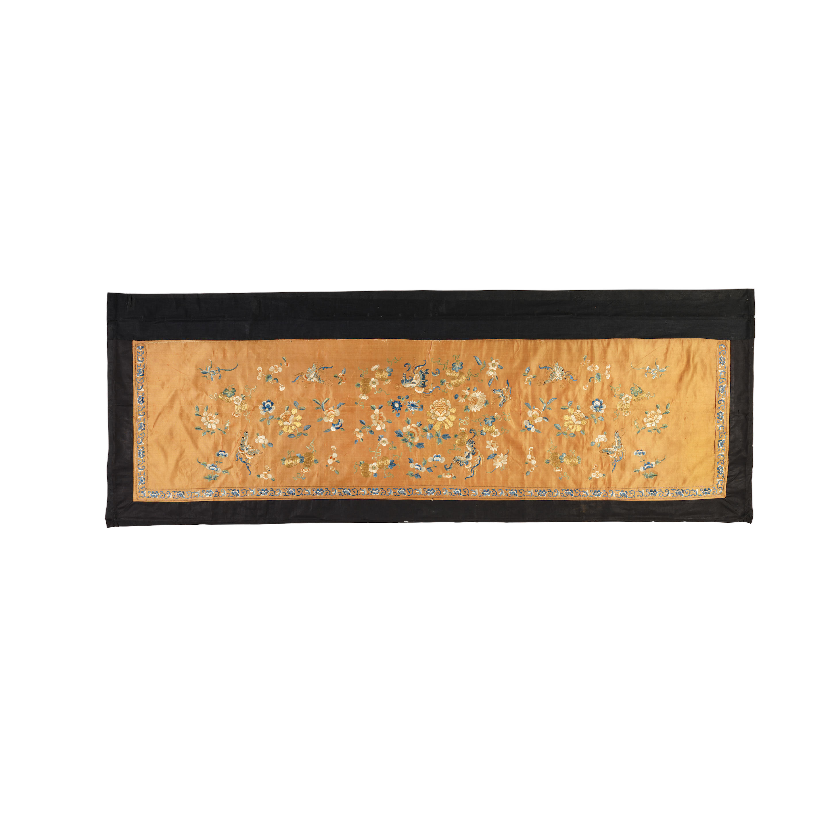 Appraisal: AN EMBROIDERED SILK APRICOT-GROUND PANEL Late Qing dynasty Late Qing