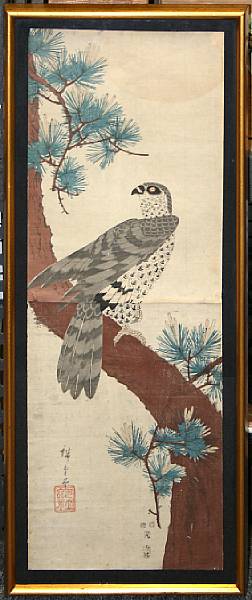 Appraisal: Hiroshige - One kakemono-e Depicting a hawk on a curving