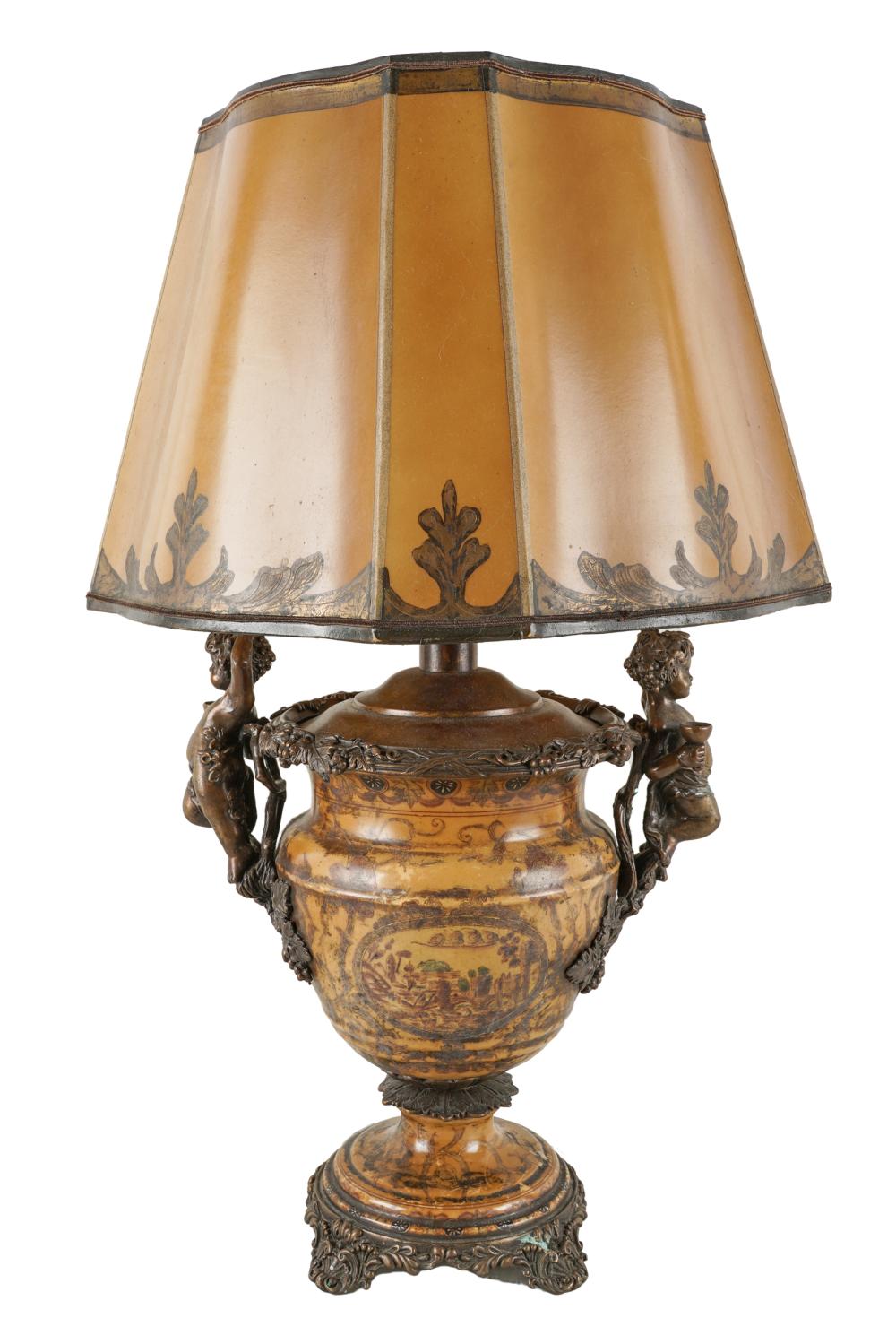 Appraisal: NEOCLASSICAL GILT METAL CERAMIC TABLE LAMPthe painted shade over a