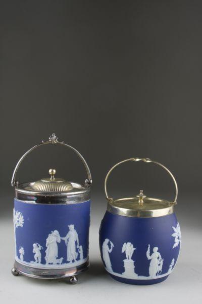 Appraisal: Two Wedgwood Dark Blue Jasperware Biscuit Jars silverplate rims glazed