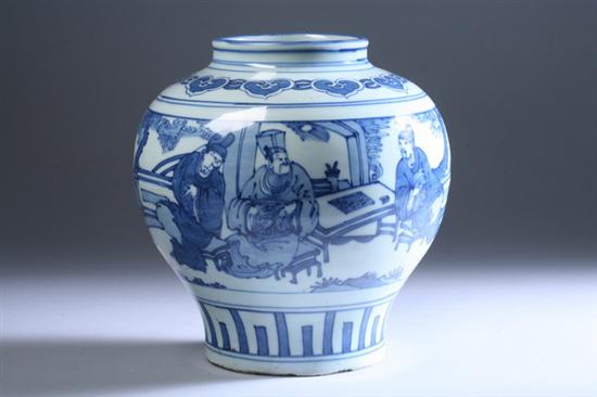 Appraisal: CHINESE BLUE AND WHITE PORCELAIN JAR Painted to depict men