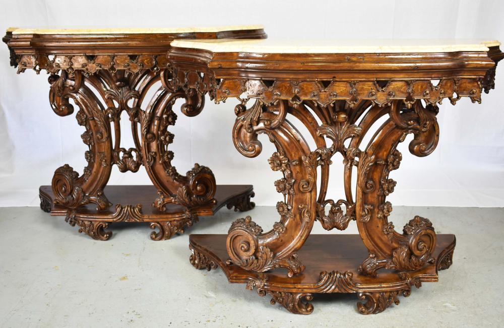 Appraisal: PAIR OF ROCOCO STYLE MARBLE TOP WALNUT SIDE TABLESModern The