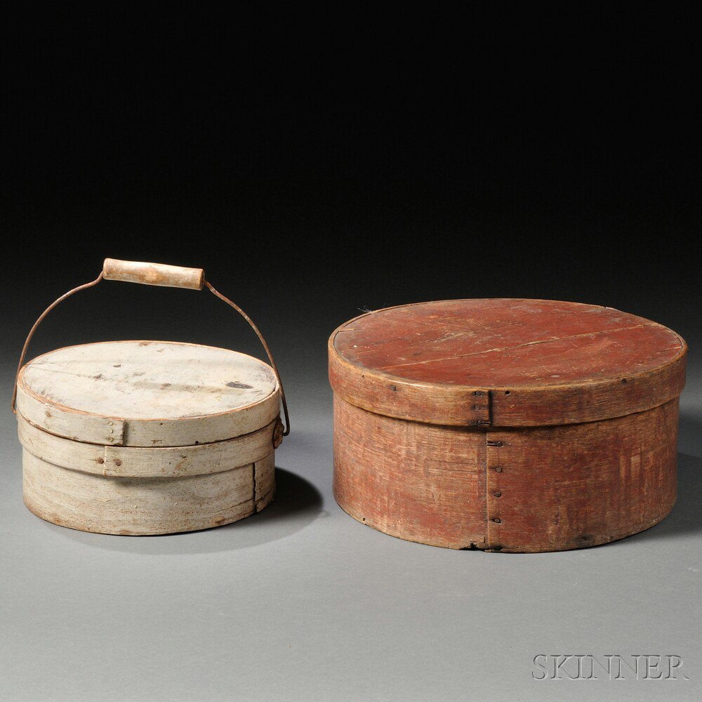 Appraisal: Two Painted Round Wooden Lapped-seam Covered Storage Boxes America th