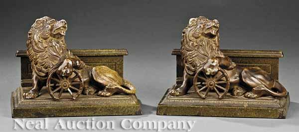 Appraisal: A Pair of Patinated Metal Lion-Form Bookends late th c