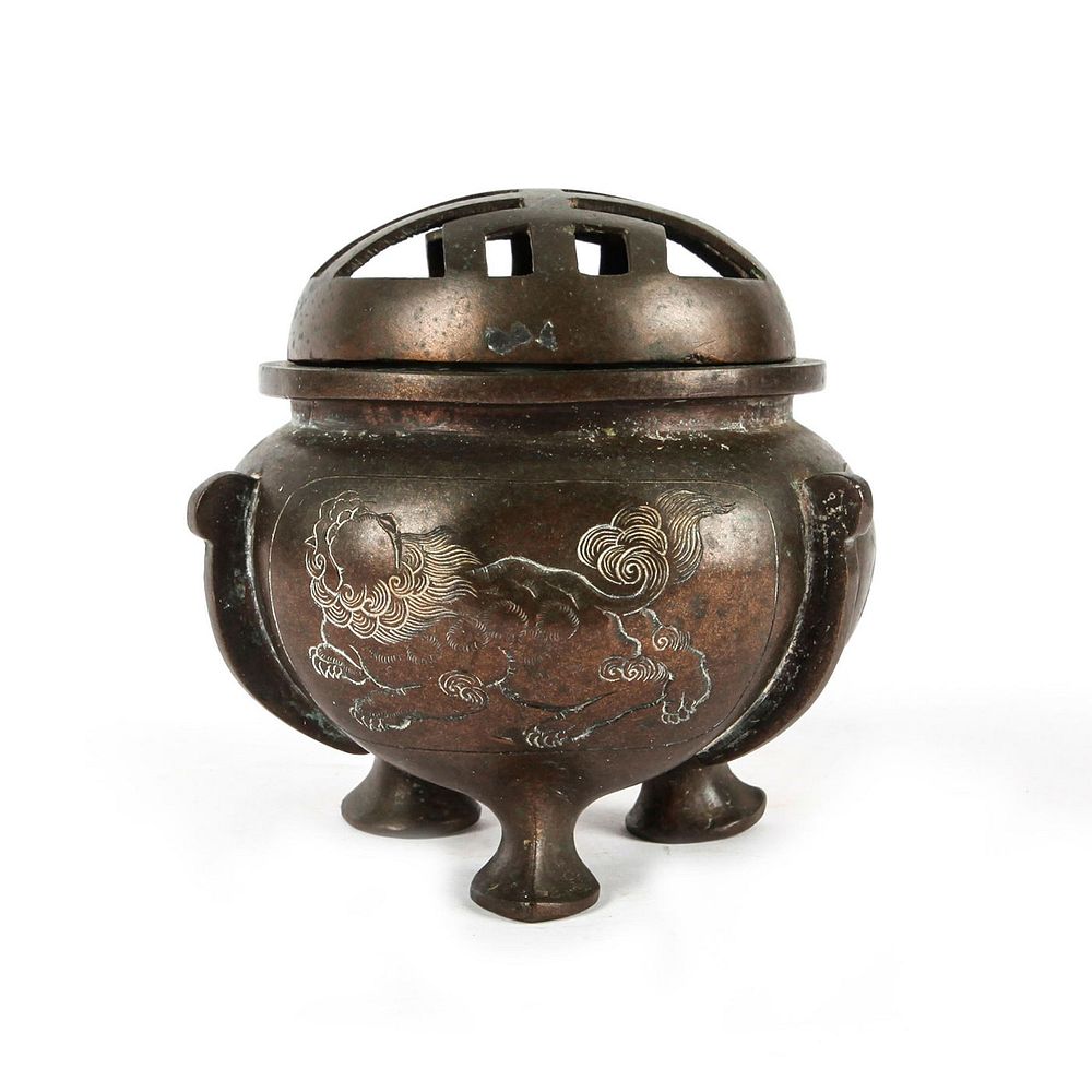 Appraisal: CHINESE BRONZE POT WITH LID MYTHICAL BEASTS Three-legged bronze pot