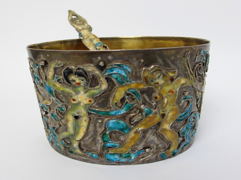 Appraisal: A silver and enamel sugar bowl and spoon by Geraldine