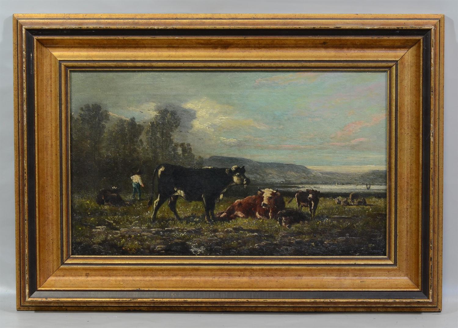 Appraisal: Continental School th Century oil on masonite Cows in Field