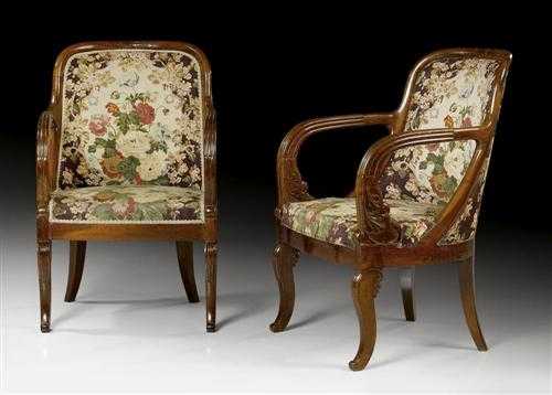 Appraisal: SET OF MAHOGANY FAUTEUILS AUX VOLUTES Charles X Paris circa