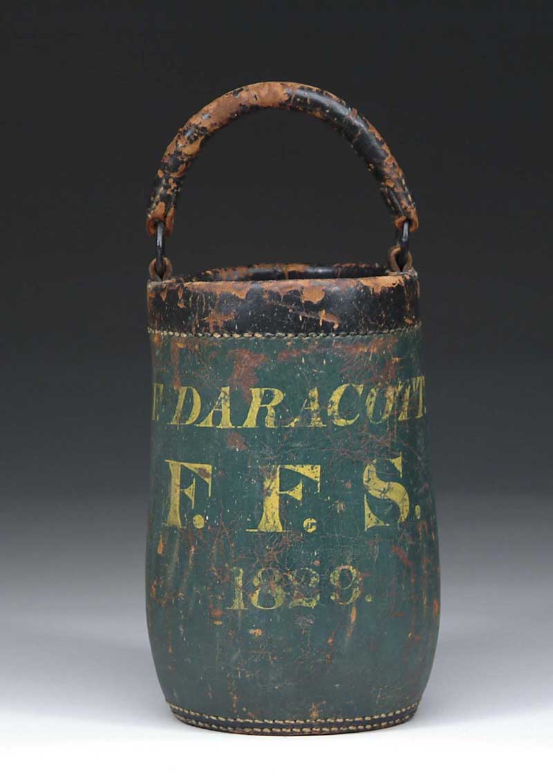 Appraisal: PAINTED LEATHER FIRE BUCKET F DARACOTT Green painted bucket with