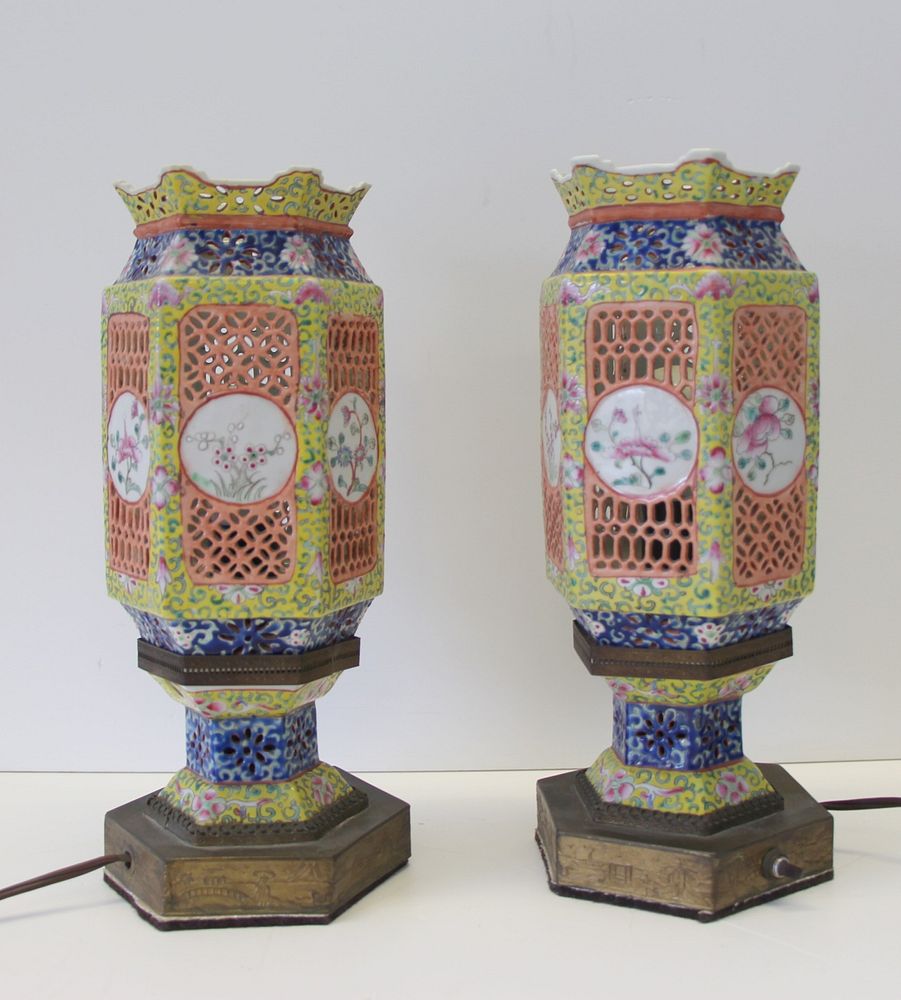 Appraisal: Pr Of Enamel Decorated Chinese Reticulated Porcelain Weddinf Lanterns As