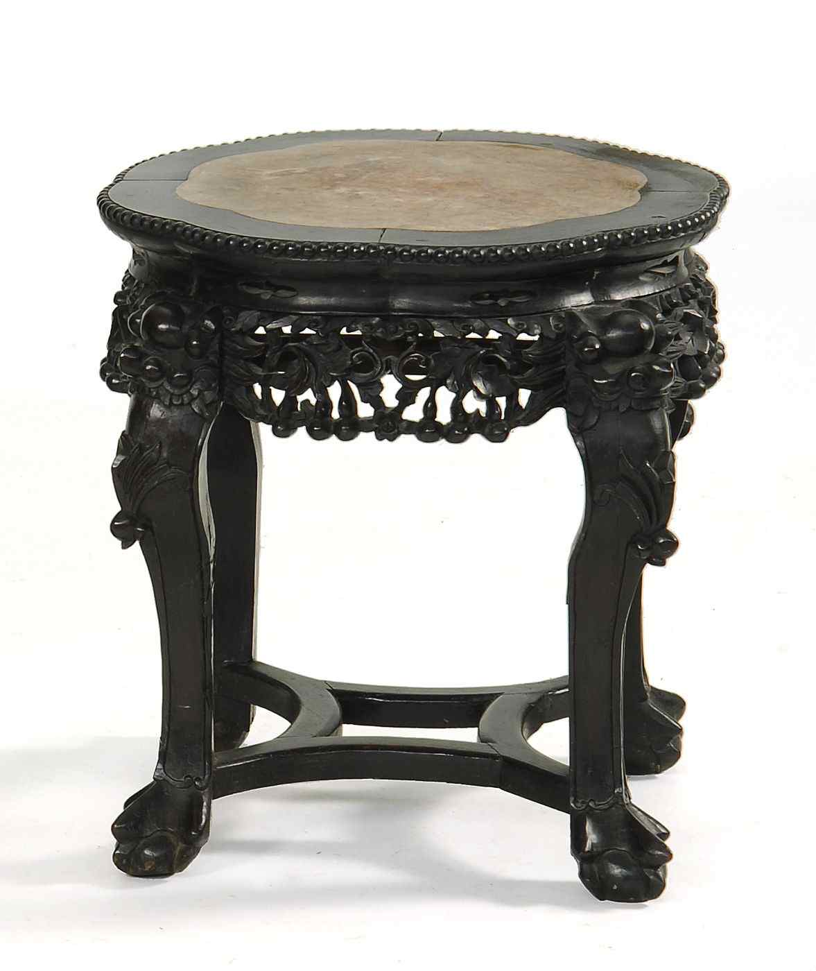 Appraisal: CHINESE ROUGE MARBLE-TOP TABORET th CenturyIn hardwood with elaborate carving