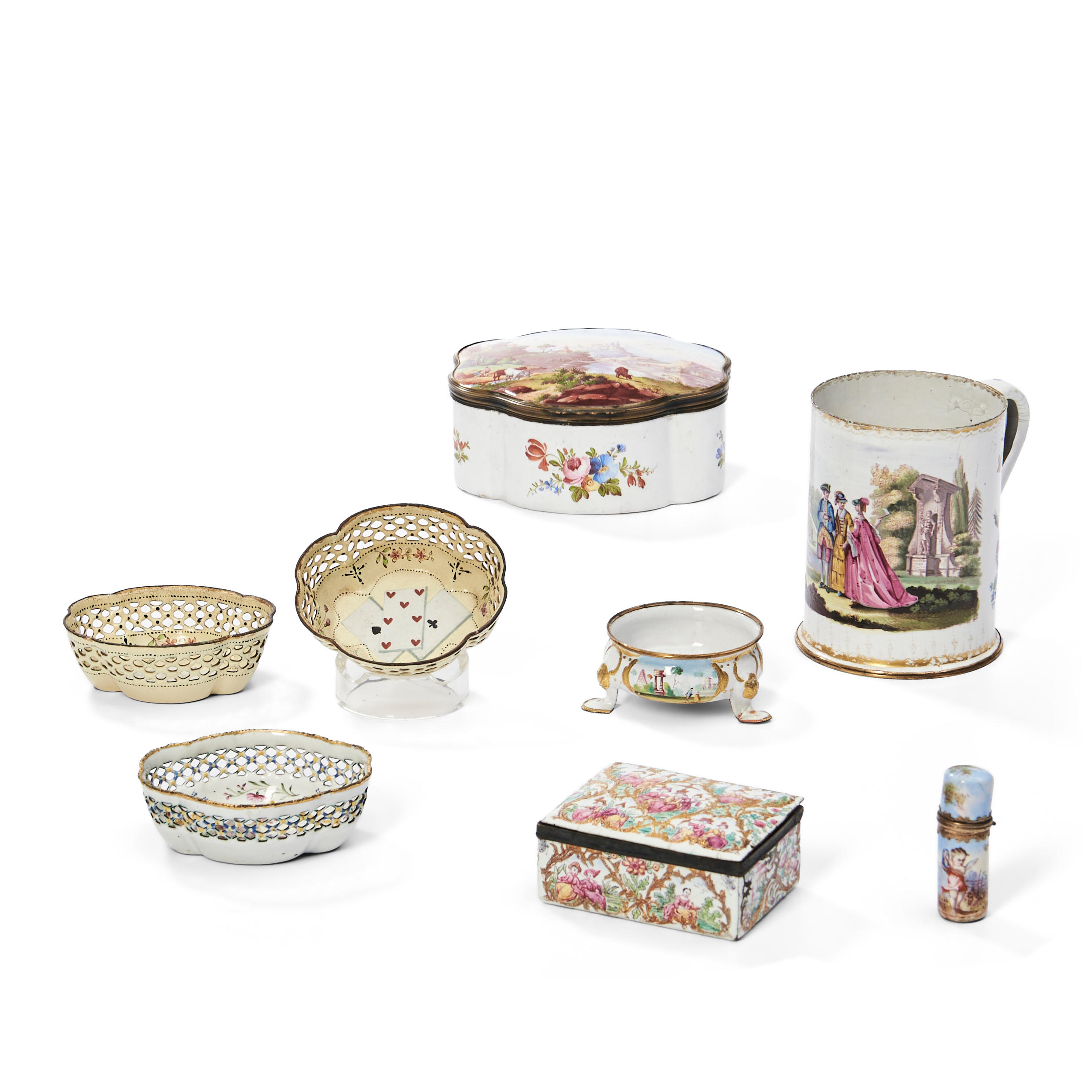 Appraisal: EIGHT PIECES OF ENAMELED TABLEWARE AND ACCESSORIES including three pierced