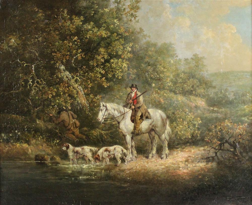 Appraisal: GEORGE MORLAND BRITISH - HUNTER ON HIS GRAY HORSE WITH