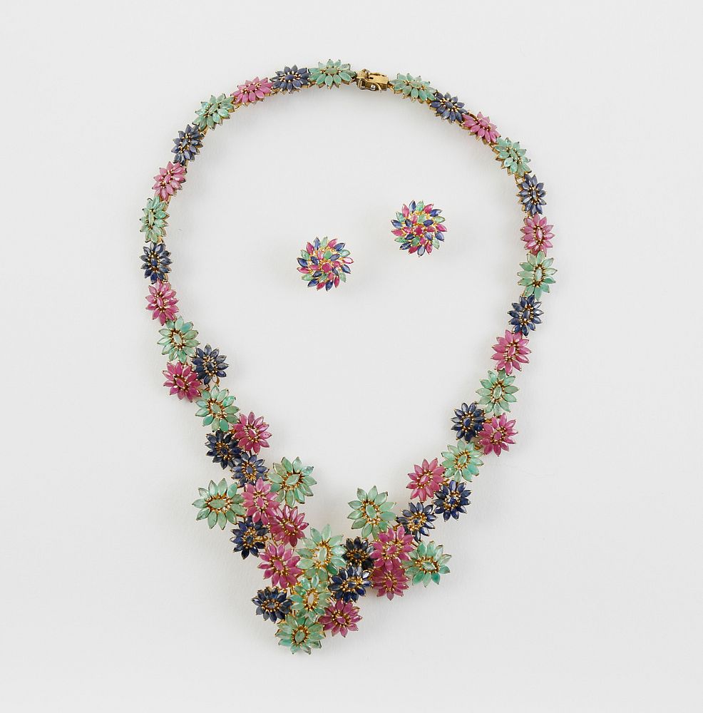 Appraisal: k Yellow Gold Wire Floweret Ruby Sapphire and Emerald Necklace