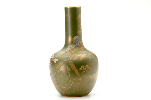 Appraisal: OTT BREWER Bottle-shaped vase with a polychromatic bird and gilded