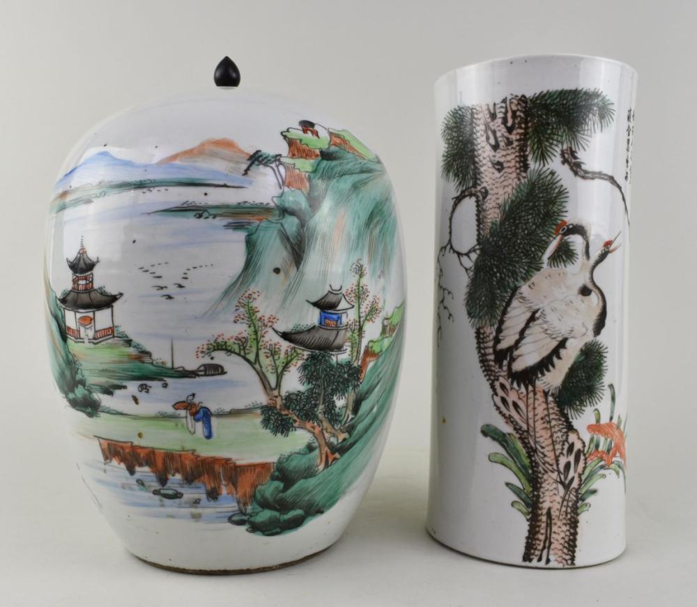 Appraisal: CHINESE ENAMEL DECORATED PORCELAIN VASECirca Depicting two cranes on an