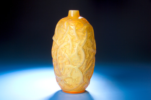 Appraisal: R LALIQUE Vase Ronces cased yellow butterscotch ca Molded R