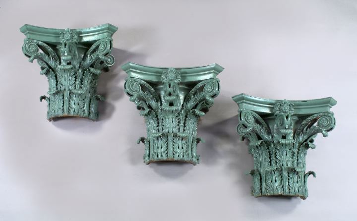 Appraisal: Set of Three Large Wrought-Iron and Polychromed Corinthian Pilaster Capitals