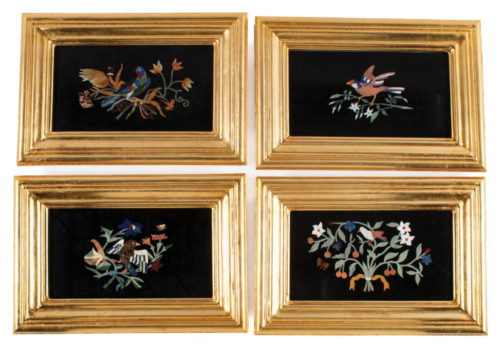 Appraisal: Four Framed Pietra Dura Plaques inlaid with birds on flowering