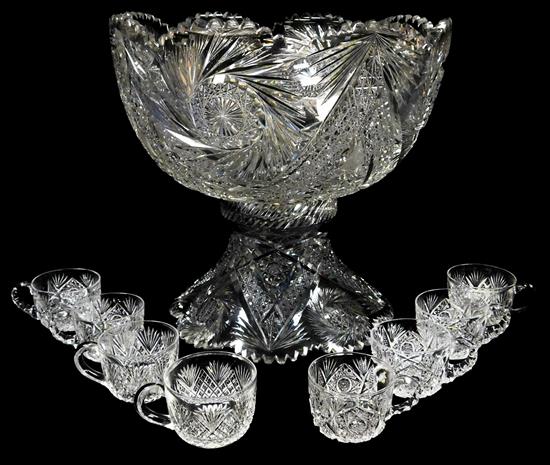 Appraisal: GLASS Cut glass punch bowl with pedestal and eight cups