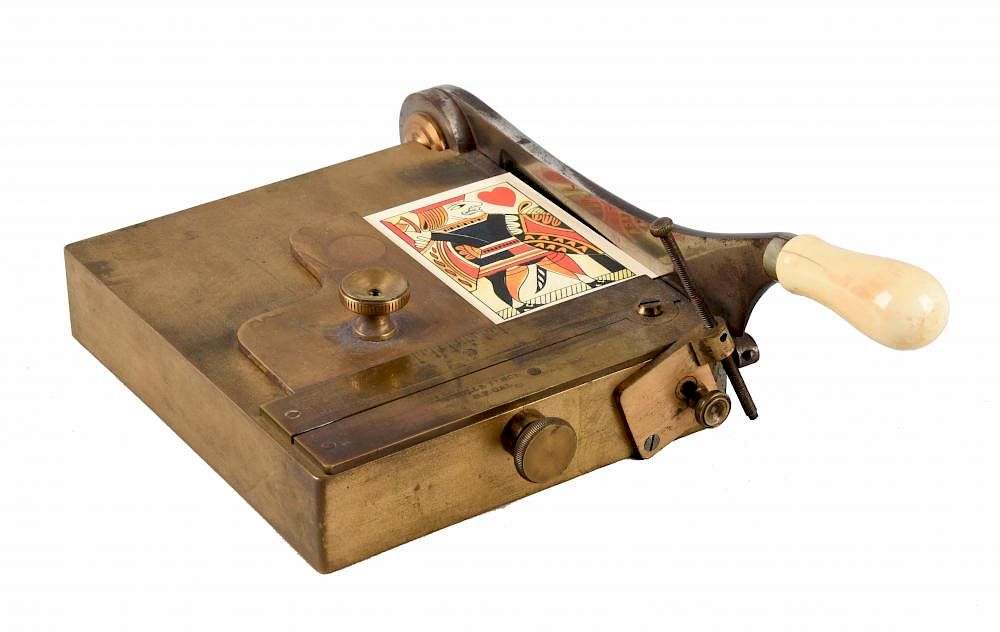 Appraisal: Will Finck Brass Playing Card Cutter This card trimmer was