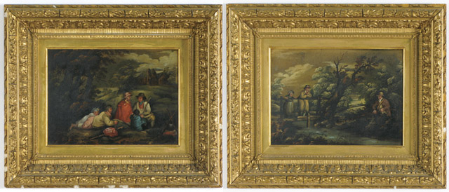 Appraisal: PAIR OIL PAINTINGS ON WOOD attributed to George Moreland Morland