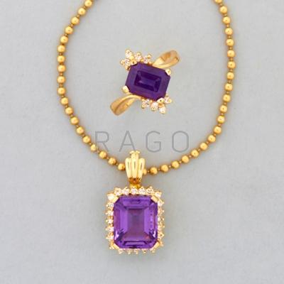 Appraisal: K GOLD AMETHYST AND DIAMOND JEWELRY th C Emerald cut