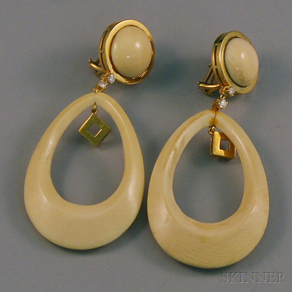 Appraisal: Pair of kt Gold Ivory and Diamond Earrings the button-form