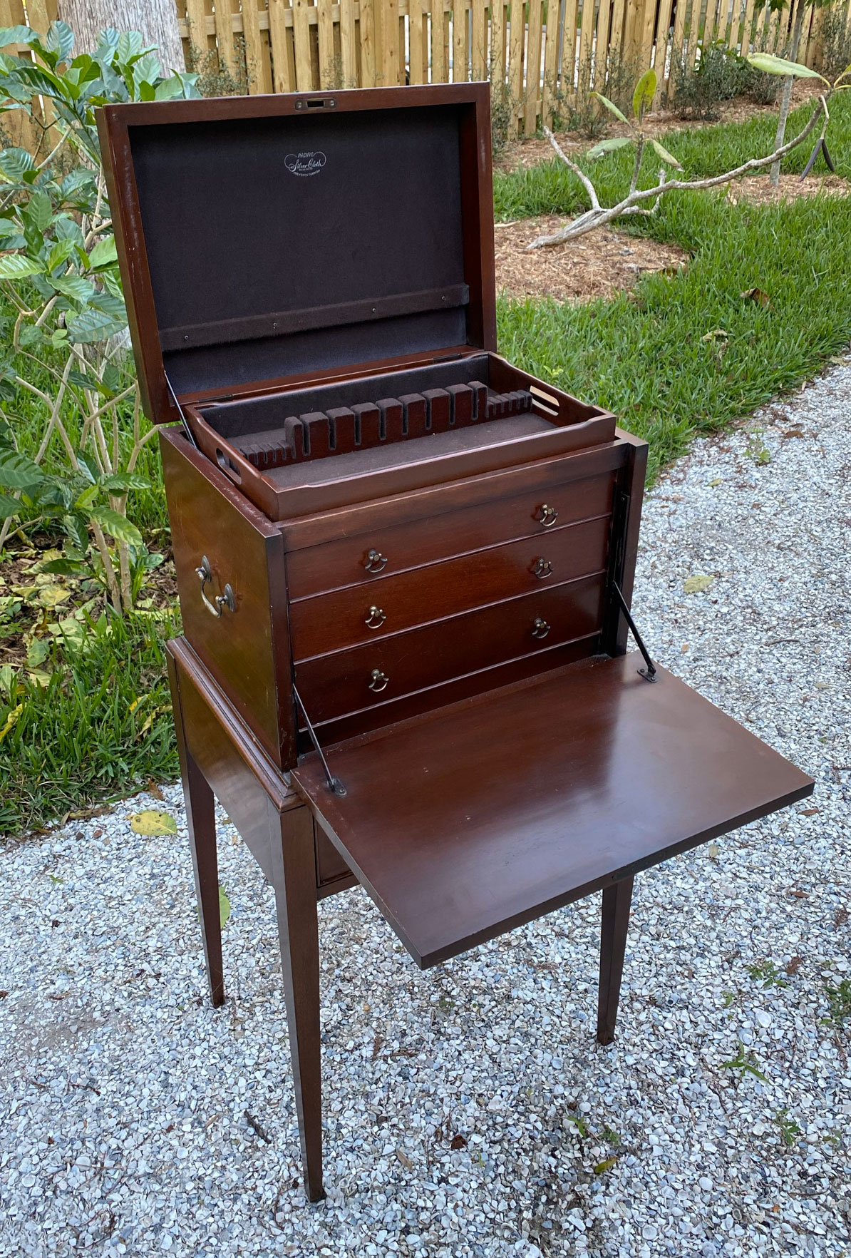 Appraisal: MAHOGANY SILVER CHEST ON STAND Henkle-Harris drop front - drawer