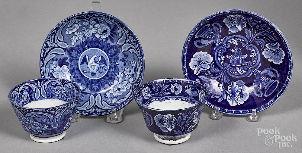 Appraisal: Two Historical blue Staffordshire cups and saucer Two Historical blue