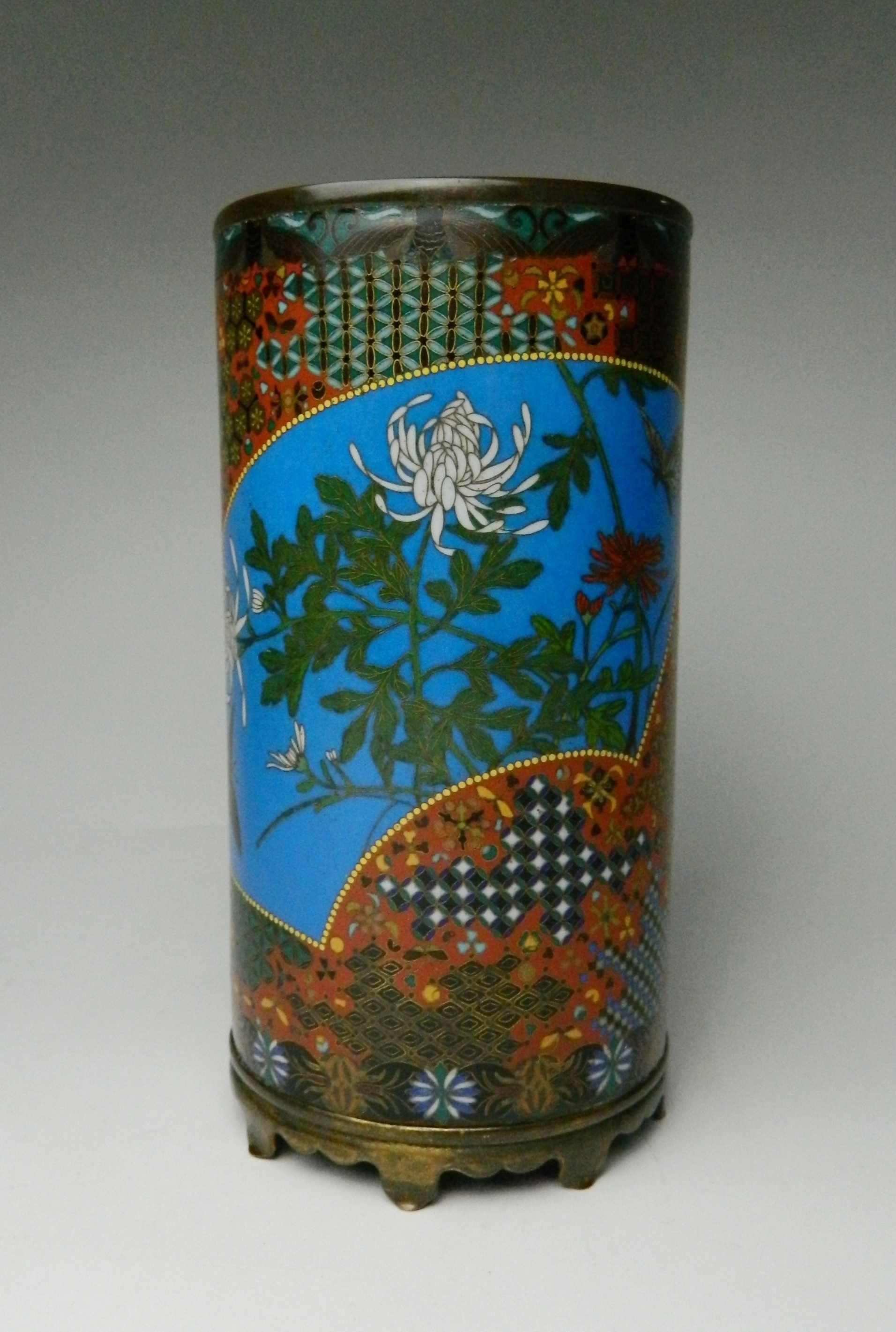 Appraisal: Japanese cloisonne brush holder- two panel design chrysanthemum and squirrel