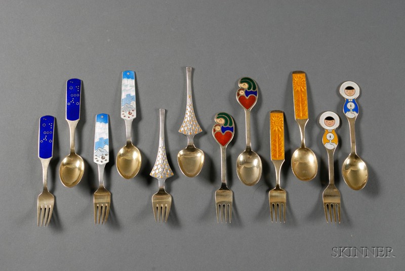 Appraisal: Six Danish Gold-washed Sterling and Enamel Decorated Christmas Fork and