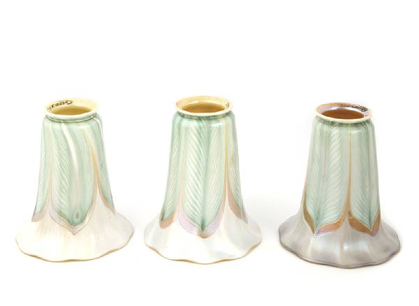 Appraisal: Three Quezal decorated glass shades early th century with pulled