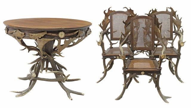 Appraisal: lot of Rustic oak and antler table and chairs likely