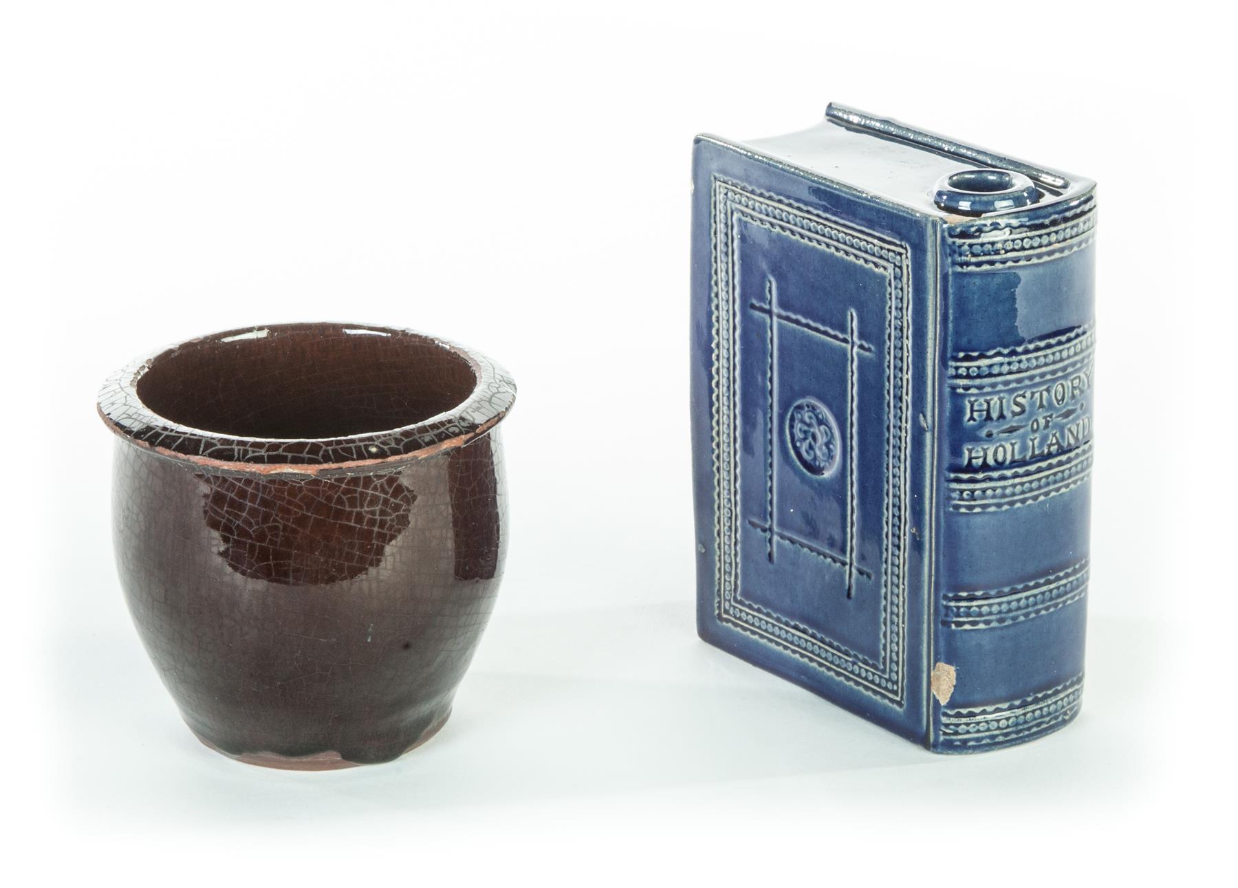 Appraisal: AMERICAN BOOK FLASK AND JAR Mid th century Redware jar