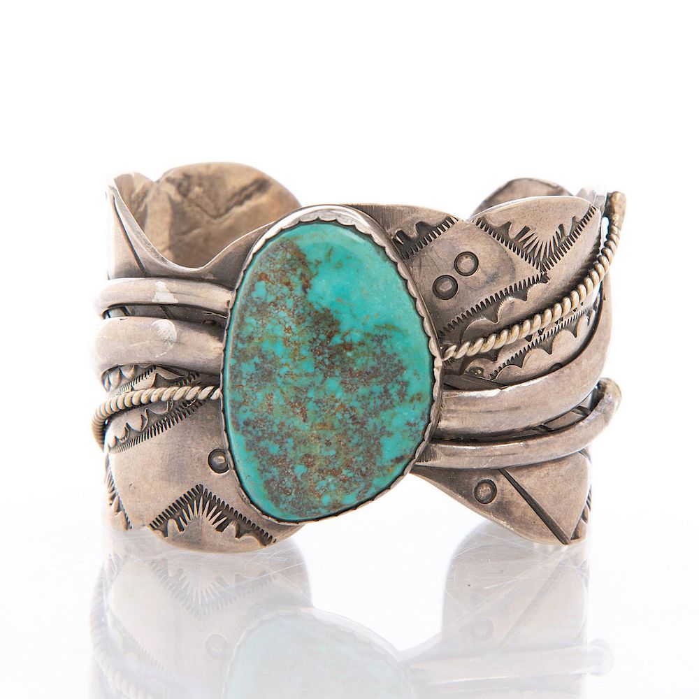 Appraisal: NATIVE AMERICAN SILVER TURQUOISE BRACELET Cuff bracelet with inset turquoise