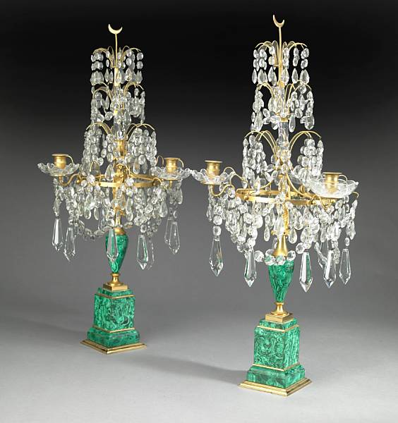 Appraisal: A pair of Neoclassical style gilt bronze malachite and cut