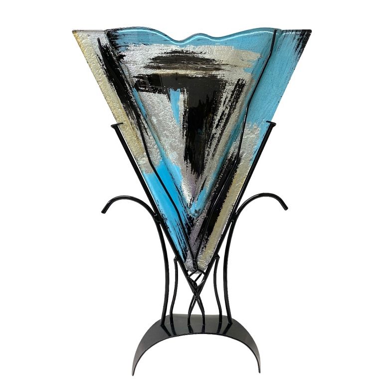 Appraisal: Art Glass Vase in Wrought Iron Base Art Glass vase