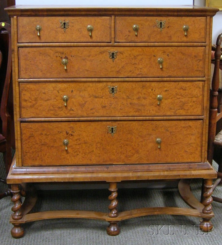 Appraisal: William Mary Inlaid Burlwood Veneer Chest on Frame ht wd