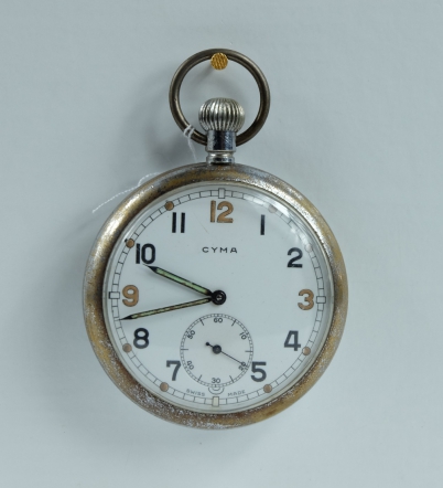 Appraisal: Cyma Military pocket watch with white dial marked to the